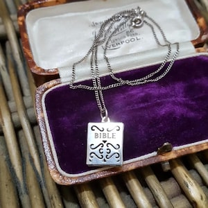 Vintage 925 Sterling Silver Necklace, Holy Bible Pendant, 16&quot; Silver Chain