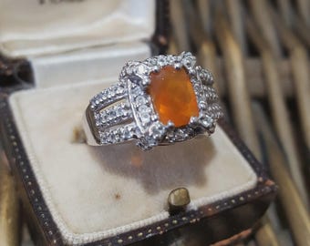 925 Sterling Silver Ring, Natural Fire Opal And Topaz Ring, Size N.5 US 7,