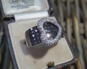 925 Sterling Silver Ring, Natural Black And White Diamonds Heart, Size N US 6.75