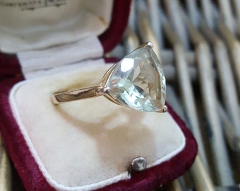 925 Sterling Silver Ring, Green Amethyst Gemstone, Size Q US 8, Gold Overlay