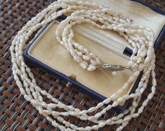 Vintage 925 Sterling Silver Necklace, Multi Strand Keshi Pearls Choker, Bridal