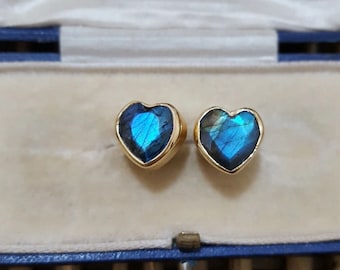 925 Sterling Silber Ohrstecker, Herz Ohrstecker, Labradorit Edelsteine, Gold