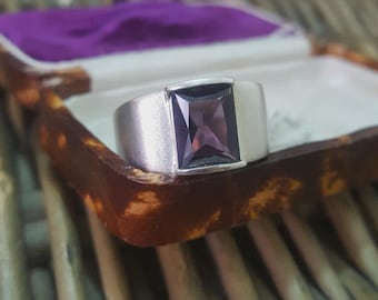 Vintage 925 Sterling Silver Signet Ring, Purple Crystal, Size P US 7.75