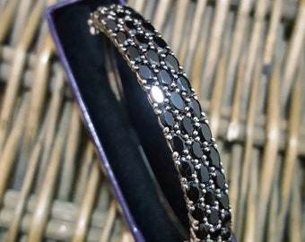 925 Sterling Silver Bracelet, Natural Black Spinel Bangle, 6.37ct, Medium Wrist