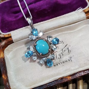 925 Sterling Silber Halskette, Natürlicher Türkis, Topas und Aquamarin Anhänger