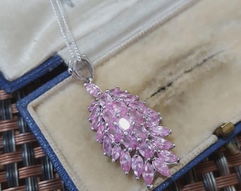 925 Sterling Silver Necklace, Sparkly Simulated Pink Diamonds Cluster Pendant