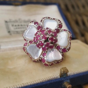 Statement 925 Sterling Silver Ring, Mother Of Pearl And Rubies, Size R US 8.5