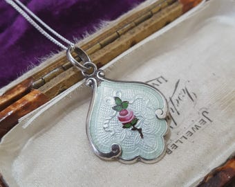 Antike 925 Sterling Silber Halskette, Jugendstil Anhänger, Handbemalt, Emaille