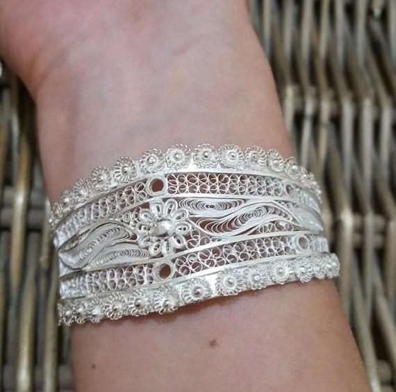 925 Sterling Silver Bracelet, Large Filigree Bangle, Art 925 Sterling Silver Bracelet, Large Filigree Bangle, Art