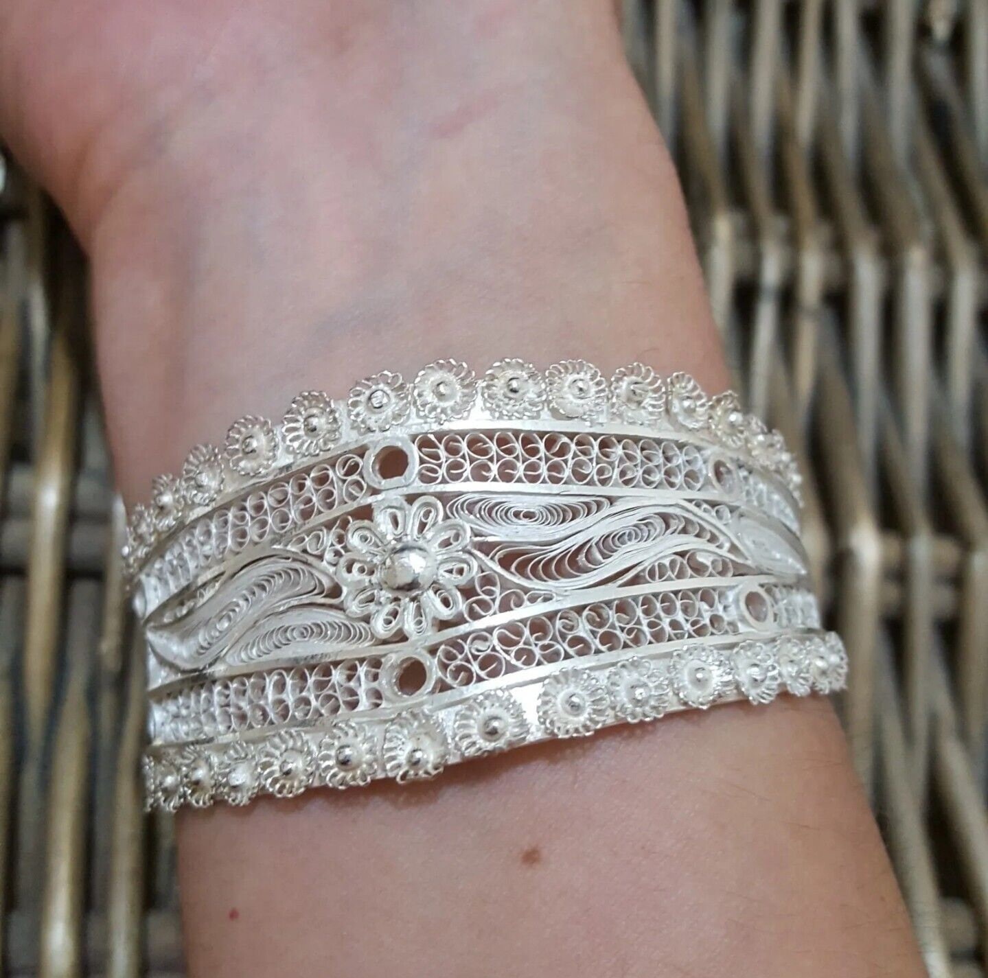 925 Sterling Silver Bracelet, Large Filigree Bangle, Art 925 Sterling Silver Bracelet, Large Filigree Bangle, Art