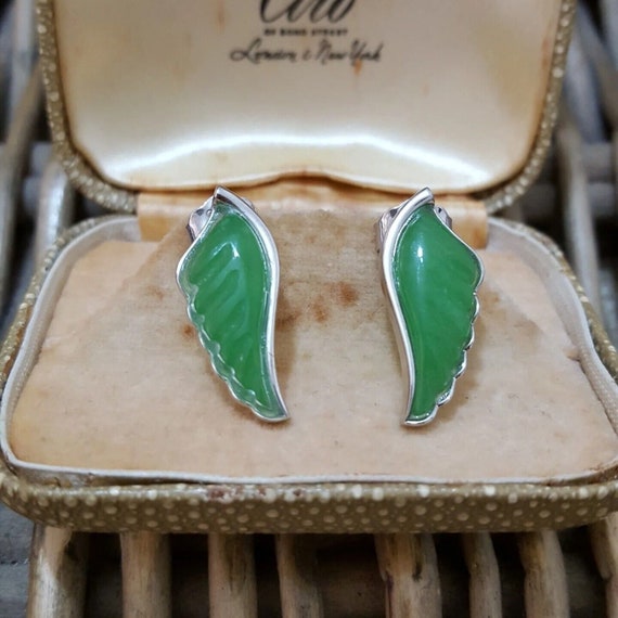925 Sterling Silver Stud Earrings,Natural Green Ja