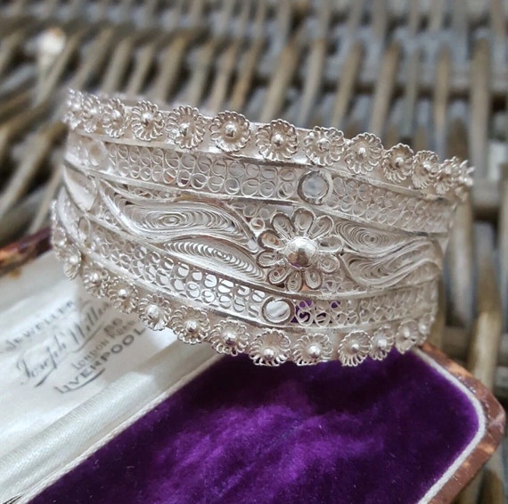 925 Sterling Silver Bracelet, Large Filigree Bangle, Art 925 Sterling Silver Bracelet, Large Filigree Bangle, Art