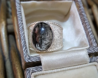 925 Sterling Silver Ring, Natural Tourmalinated Quartz, Signet, Size M US 6.25