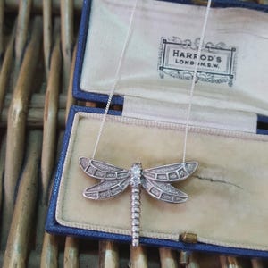 Vintage 925 Sterling Silver Necklace, Dragonfly Pendant, Simulated Diamonds