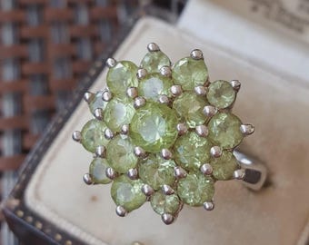 Sterling Silver Ring Green Peridot Round Cluster Floral Statement UK Size O.5
