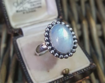 925 Sterling Silver Ring, Natural Multicolour Moonstones Ring, Size S.5 US 9.25
