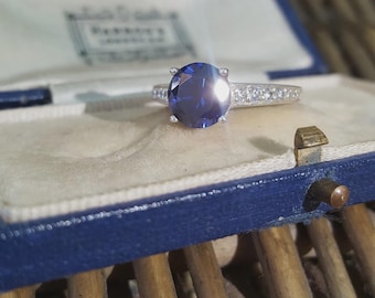 Diamonique 925 Sterling Silver Ring, Simulated Sapphire Ring ,Size R US 8.5