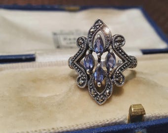 Victorian Style 925 Sterling Silver Ring Iolite & Marcasite UK Size O US 7.25