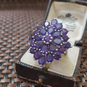 K&ouml;nnte beinhalten: Ein Silberring mit einem Cluster aus tropfenf&ouml;rmigen, tiefvioletten Edelsteinen. Der Ring ist in einem floralen Muster gefasst, wobei jeder Stein sorgf&auml;ltig platziert ist. Der Ring wird in einer Vintage-Schmuckschatulle in Braun pr&auml;sentiert.
