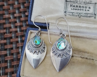 Vintage 925 Sterling Silver Earrings, Abalone Shell Dangle, Suarti Style