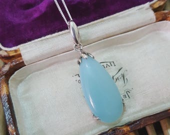 925 Sterling Silver Necklace, Natural Aqua Chalcedony Pendant, Teardrop Pendant