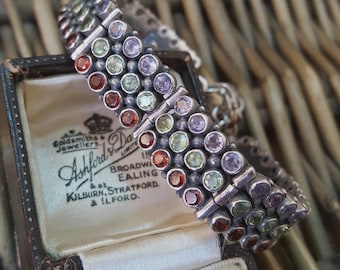 925 Sterling Silver Tennis Bracelet, Natural Gems, Red Garnet, Amethyst, Peridot
