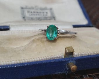 Sterling Silver Solitaire Ring Natural Brazilian Emerald UK Size N US 6.75 EU 54