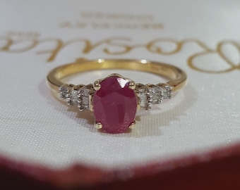 925 Sterling Silver Ring, Natural Ruby And Diamonds Ring, Size T US 9.75, Gold