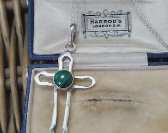 Vintage 925 Sterling Silver Necklace, Vintage Green Malachite Cross Pendant