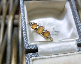 925 Sterling Silver Ring, Natural Citrine Trilogy, Gold Over, Size R.5 US 8.75