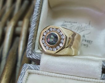 925 Sterling Silver Men's Ring, Gold Plated , Size N US 6.75, Simulated Diamonds