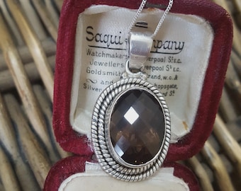Vintage 925 Sterling Silver Necklace, Natural Large Smoky Quartz Pendant