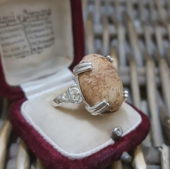 925 Sterling Silver Ring, Large Picture Jasper Ring, UK Size