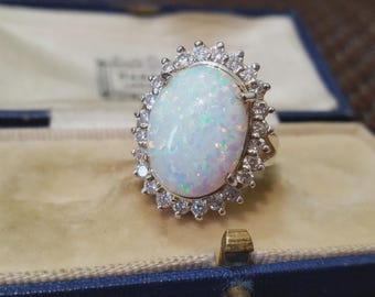 Sterling Silver Ring Faux Opal & Simulated Diamonds Halo UK Size L1/2 / US 6/EU52