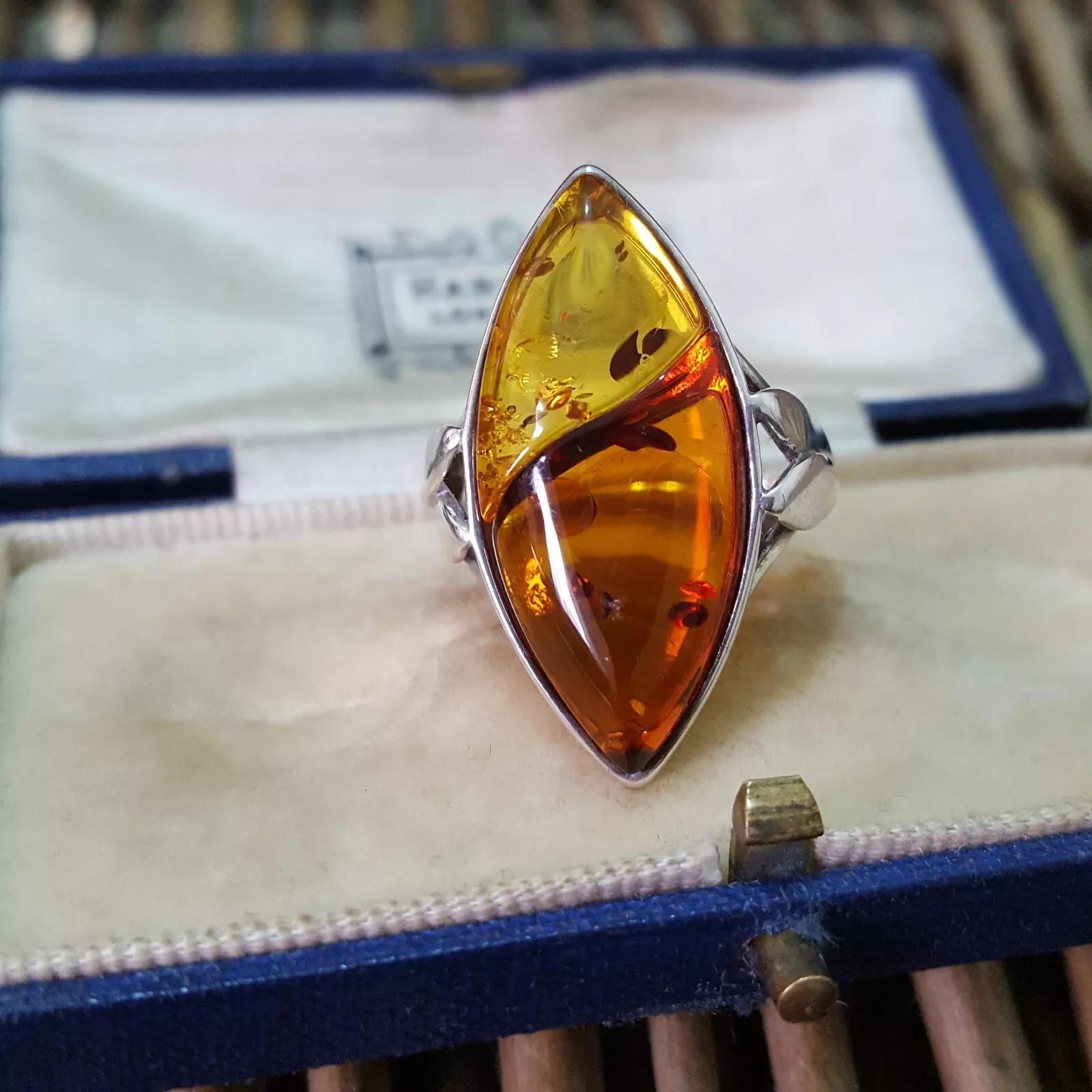 925 Sterling Silver Ring, Natural Polish Baltic Amber Ring, Size P.5 US 7.75