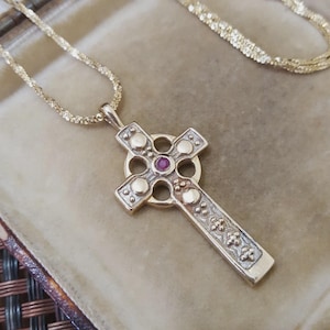 Vintage 925 Sterling Silver Necklace, Ruby Celtic Zoomorphic Cross, Gold, 1995