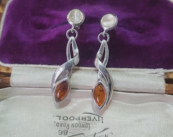 925 Sterling Silver Earrings, Cat's Eye Quartz And Natural Baltic Amber Dangle