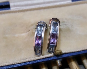 925 Sterling Silver Stud Earrings, Curved Studs, Natural Blue Topaz And Amethyst