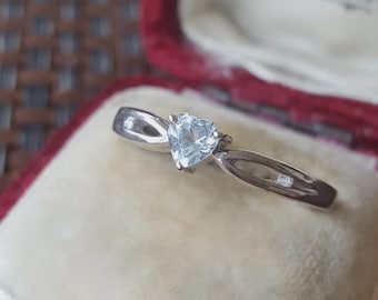 Sterling Silver Ring Ice Blue Topaz Heart Solitaire UK Size P.5 US 8 Delicate