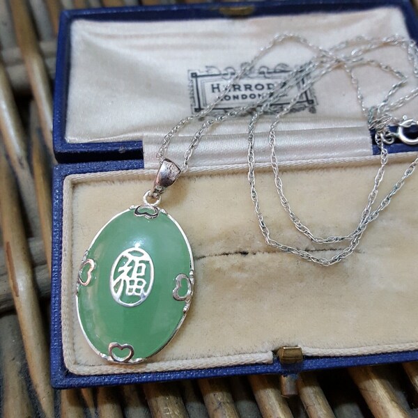 925 Sterling Silver Necklace, Natural Green Jade Pendant, Chinese Inscription