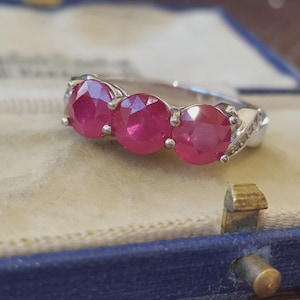 Sterling Silver Ring Ruby & Cambodian Zircon Trilogy Design UK Size T.5