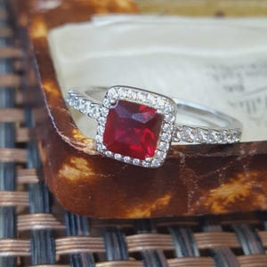 Sterling Silver Ring Lab Created Ruby & Simulated Diamonds Halo UK Size P US 7.5