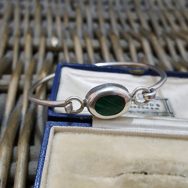 925 Sterling Silver Bracelet, Green Malachite Bangle, Small Wrist, Taxco