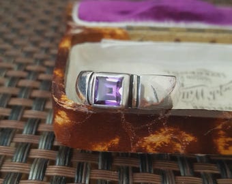 Vintage Sterling Silver Ring Simulated Purple Amethyst UK Size O.5 / US 7.5