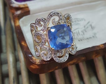 Ross Simons 925 Sterling Silver Ring, Simulated Sapphire Ring,Size N.5 US 7 Gold