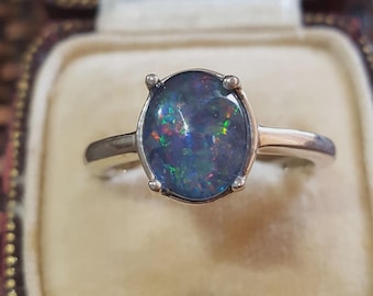 Sterling Silver Solitaire Ring Genuine Australian Opal Ring UK Size Q1/2 US 8.25