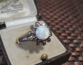 Art Nouveau Style Sterling Silver Ring Faux Opal & Marcasite UK Size O.5 / EU 56