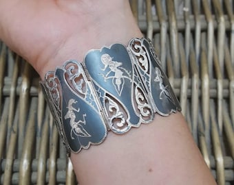 Vintage 925 Sterling Silver Bracelet, Siam Silver, 1940s, 6.8" Wrist, Heavy