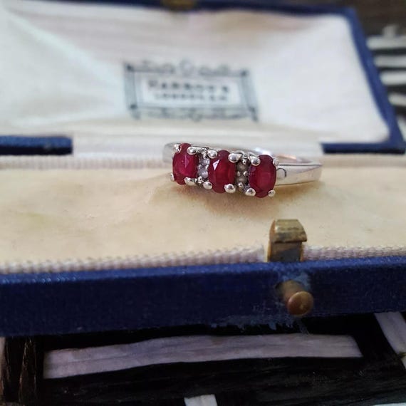 925 Sterling Silver Ring, Natural Ruby Trilogy Ri… - image 1