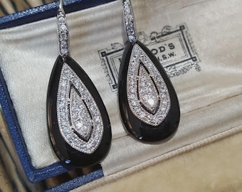 Art Deco Style 925 Sterling Silver Earrings, Black Onyx And Crystals, MG 925